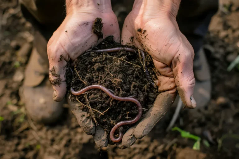 Hands holding dirt and earthworms